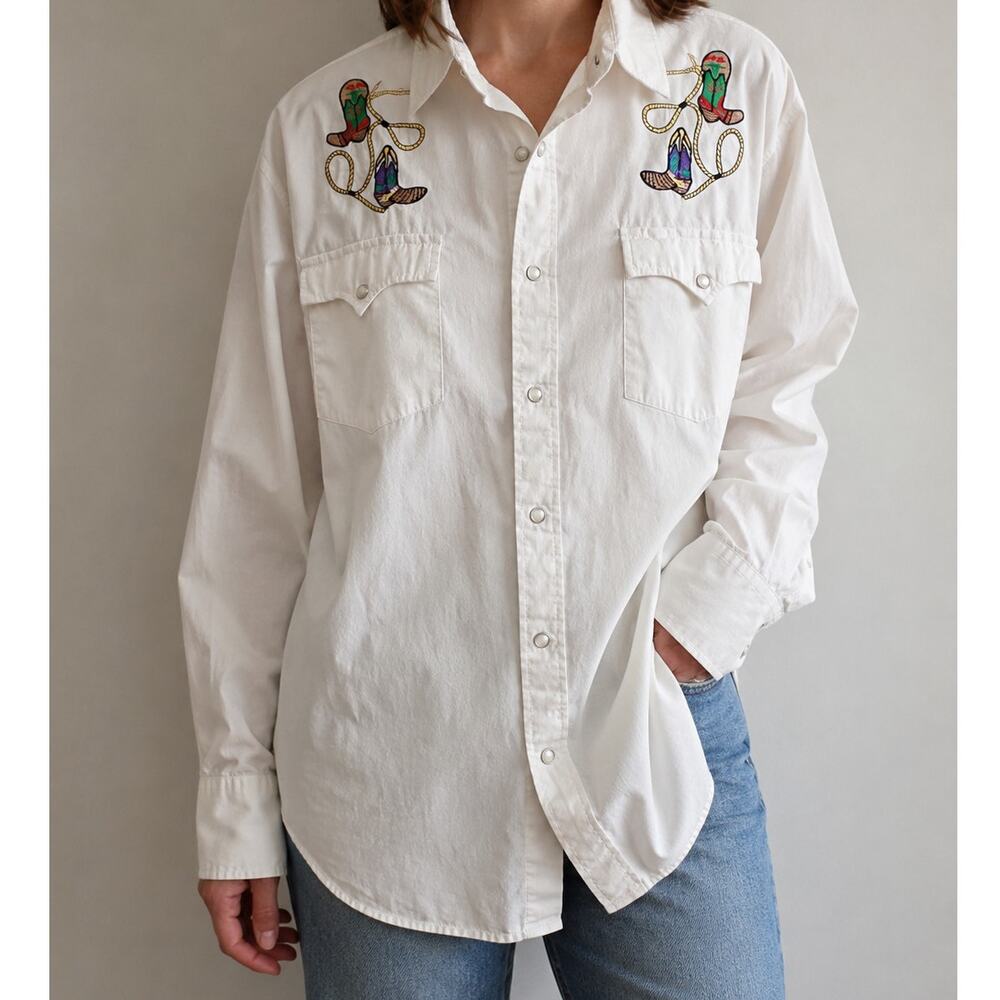 Vintage High Noon Western Pearl Snap Shirt Embroidered Cowboy Boots White Large